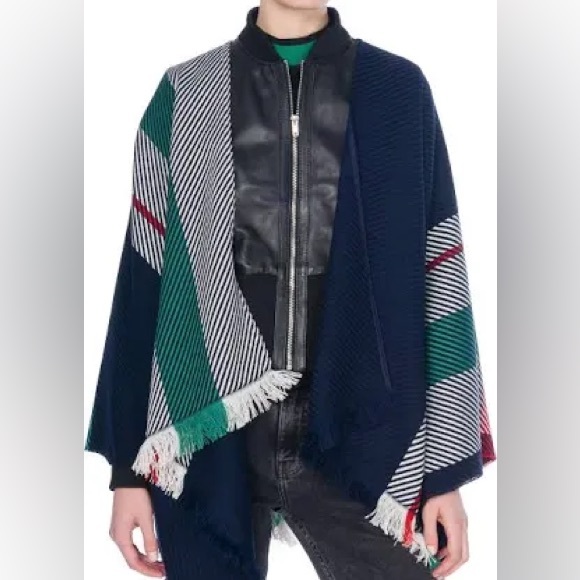 Maje Jacquard Poncho Lightweight Cape Top One Size Open Front Fringed Trim - Picture 3 of 9